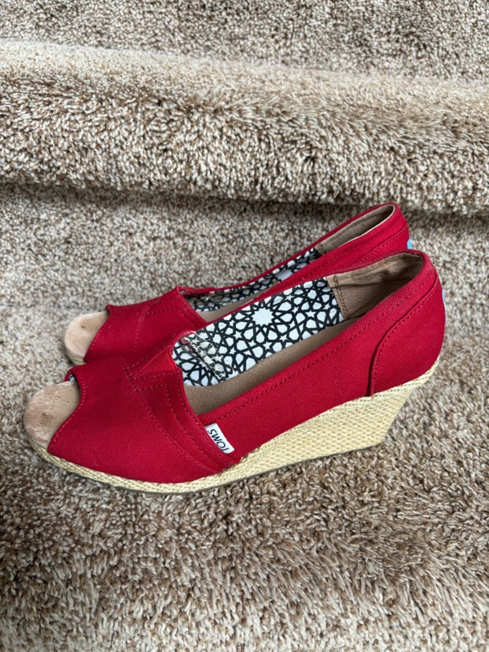 Toms Red Canvas Peep-Toe Wedge Espadrille